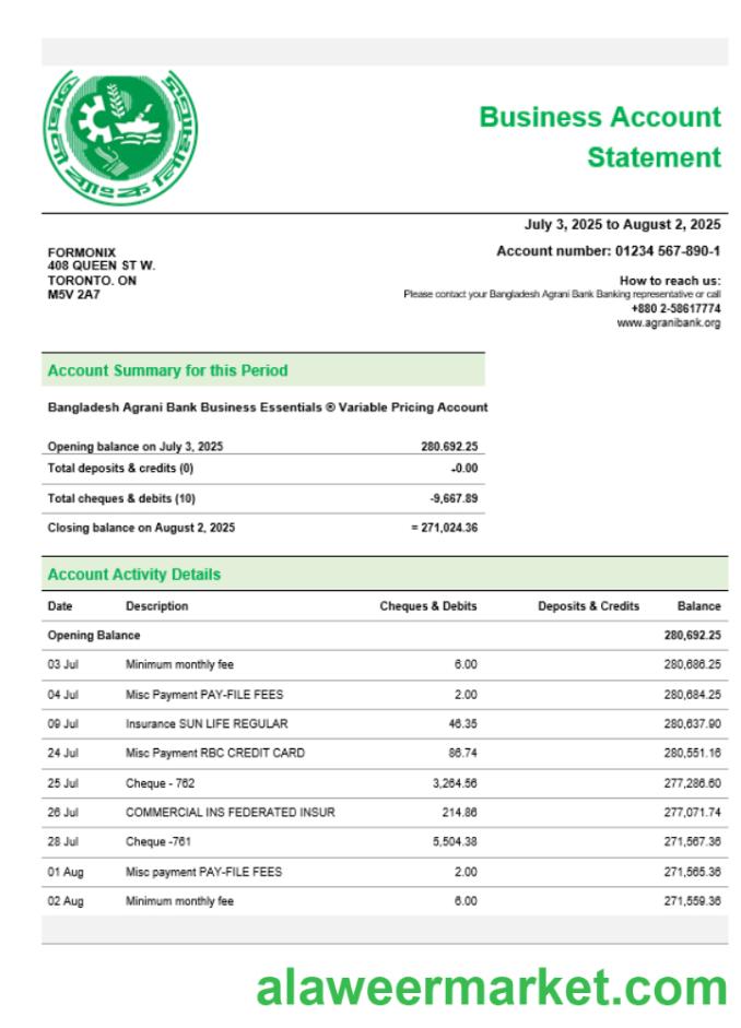 Agrani Bank firm account statement Word and PDF template